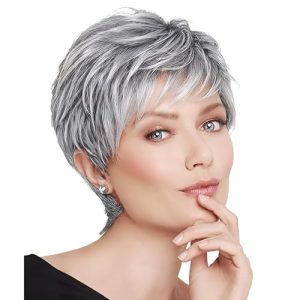 BECUS Grey Wig Wigs for White Women Short Wigs Silver Gray Pixie Cut Wig Layered Synthetic for Halloween & Cosplay Daily Use(Grey Mix Black) : Beauty & Personal Care