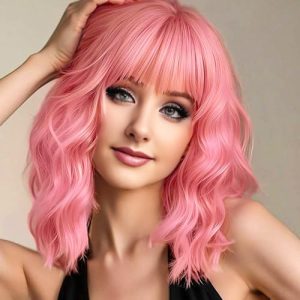 AGO Pink Wigs Short Wavy Hair Pastel Bob Wig with Bangs Shoulder Length Synthetic Hair for Women Girl Colorful Cosplay Wig Synthetic Heat Resistant Fiber for Daily Party Halloween Use(313#Pink) : Clothing, Shoes & Jewelry